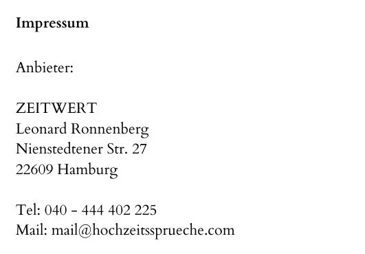 Anbieterkennzeichnung mit Name, Anschrift, Telefon und E-Mail von hochzeitssprueche.com